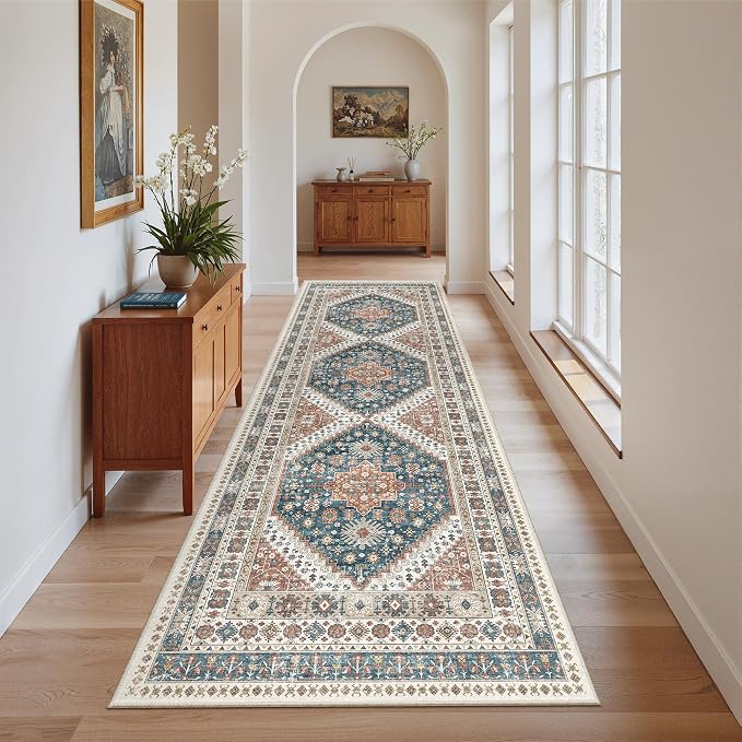 Madane Kitchen Runner 2'6''x8' Soft Rug Runners for Hallways, Navy Blue | Vintage Machine Washable Rugs 2.5x8 Ft, Non-Slip Low Pile Stain-Resistant 8ft Floor Carpet for Laundry Room, Corridor