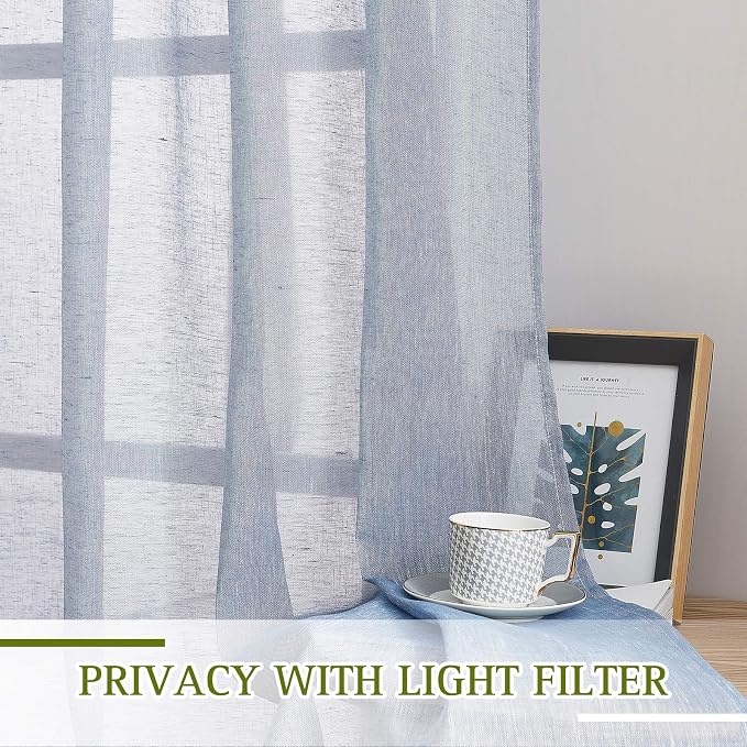 NICETOWN Linen Semi Sheer Flax Curtains 96" L, Eyelet Top Bedroom Window Privacy Translucent Light Filtering Flax Sheer Drapes for Guest Room, 104 inches Wide Total 2 Panels, Sea Mist