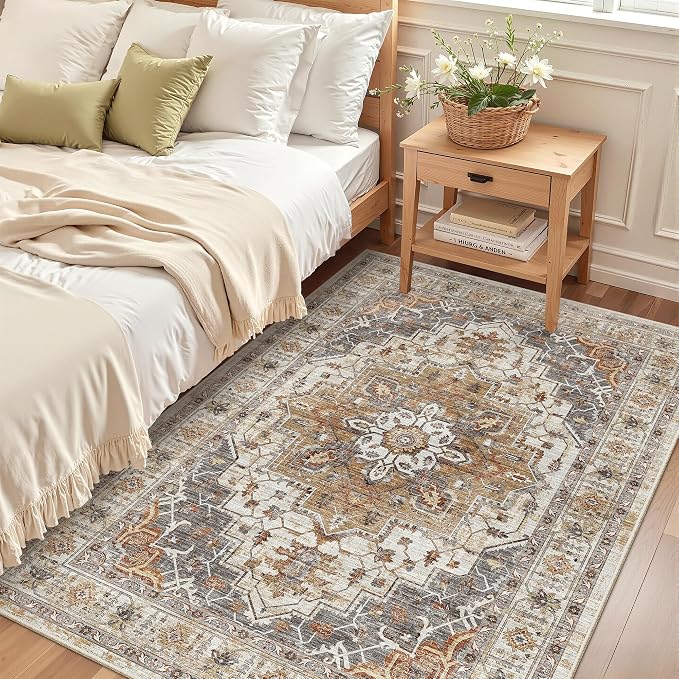 Madane Area Rug 4x6 Washable Rugs Vintage for Living Room, Turmeric/Grey | Ultra-Thin Stain Resistant Vintage Large 4'X6' Carpet, Soft Low Pile Floor Mat For Bedroom Dining Room Office Home Decor