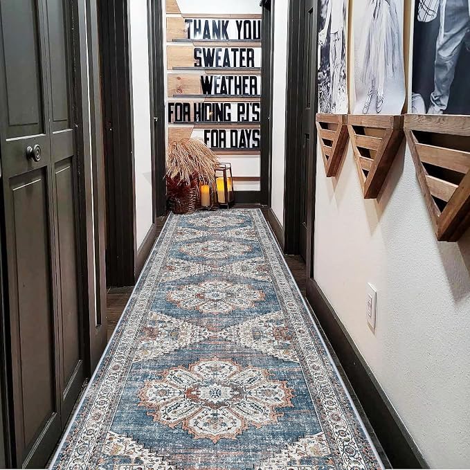 Washable Kitchen Runner Rug 2x10: Non-Slip Hallway Rugs Indoor Soft Low Pile Stain Resistant Carpet for Bedroom Laundry Entryway Ultra-Thin Vintage Home Decor Floor Mat for Bathroom (Blue, 2 x 10)