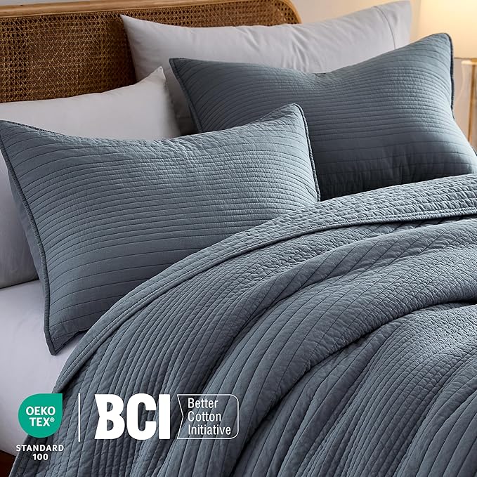 PALASSIO Striped Blue Grey 100% Cotton Quilt California Cal King Size Bedding Sets, Oversized Lightweight Channel Pick Stitch Textured Bedspread Soft Farmhouse Country Coverlet for All Season, 2 Shams
