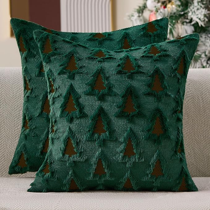 Allorry Christmas Pillow Covers 20x20 Set of 2 Green Brown Double Xmas Tree Pillow Covers Soft Plush Faux Fur Christmas Decorations for Xmas Winter Holiday Home Bedroom Sofa Cushion Cases PT-008G20