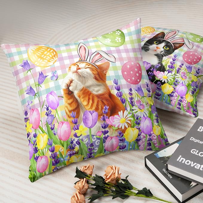 Spring Easter Pillow Covers 22x22 Set of 2 Lovely Cow Cat and Ginger Cat Wearing Bunny Ears Throw Pillow Covers Tulip Floral Pillow Case for Easter Decoration Sofa Patio Garden