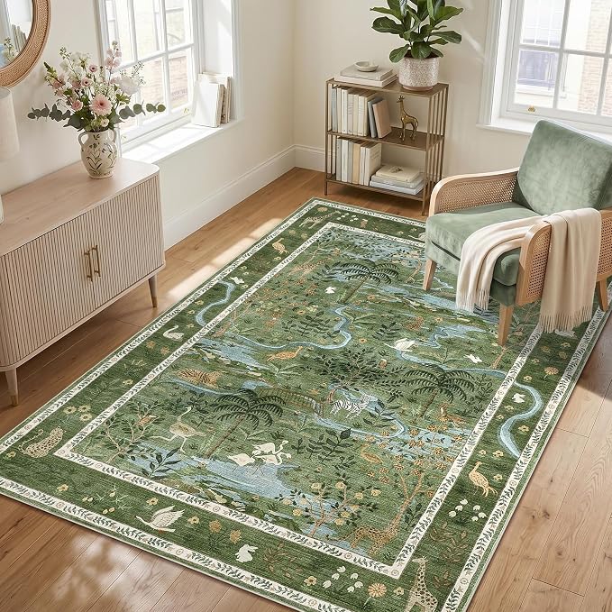 8x10 Washable Rug for Living Room Green Animal Print Large Bedroom Rugs Non Slip Forest Nursery Girls Room Throw Carpet Stain Resistant Whimsical Safari Area Rugs for Home Office, Green