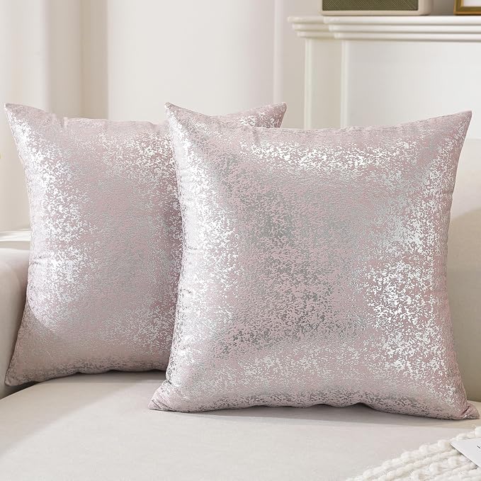 Gyulin Pack of 4,Silver Velvet Throw Pillow Covers 18x18 Inches, Sparkle Silver Foil Print Solid Square Pillow Covers Cushion Covers for Couch Sofa Home Bedroom Decor, Light Pink