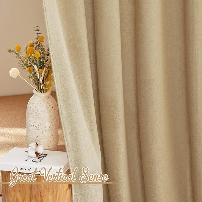 NICETOWN Linen Brown Curtains & Drapes Privacy with Light Filtering, Rod Pocket & Back Tab Flax Linen Burlap Window Treatments Vertical Drapes for Bedroom/Living Room, W52 x L84, 2 Panels