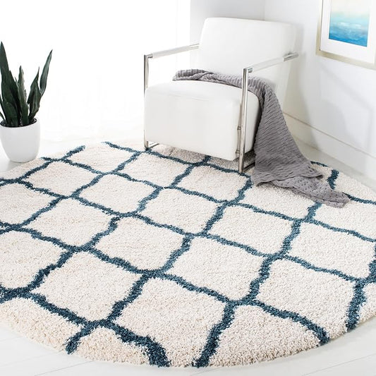 SAFAVIEH Hudson Shag Collection 7' Round Ivory / Slate Blue SGH283T Moroccan Trellis Non-Shedding Living Room Bedroom Dining Room Entryway Plush 2-inch Thick Area Rug