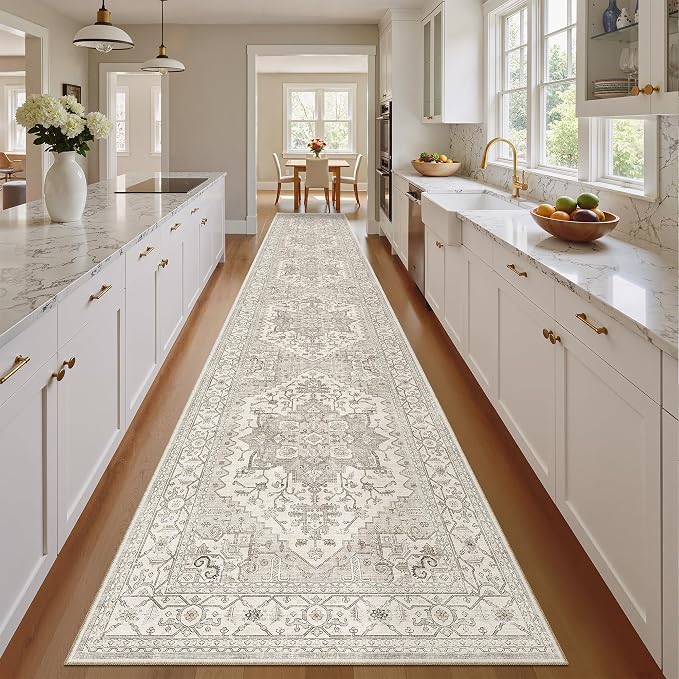 Madane Hallway Runner Rug 2'6''x14' Kitchen Runners Vintage, Beige/Brown | Long Non-Slip Washable Rugs 14ft for Entryway Laundry and Bedroom, Soft Low Pile Stain-Resistant 2.5x14 Ft Floor Carpet