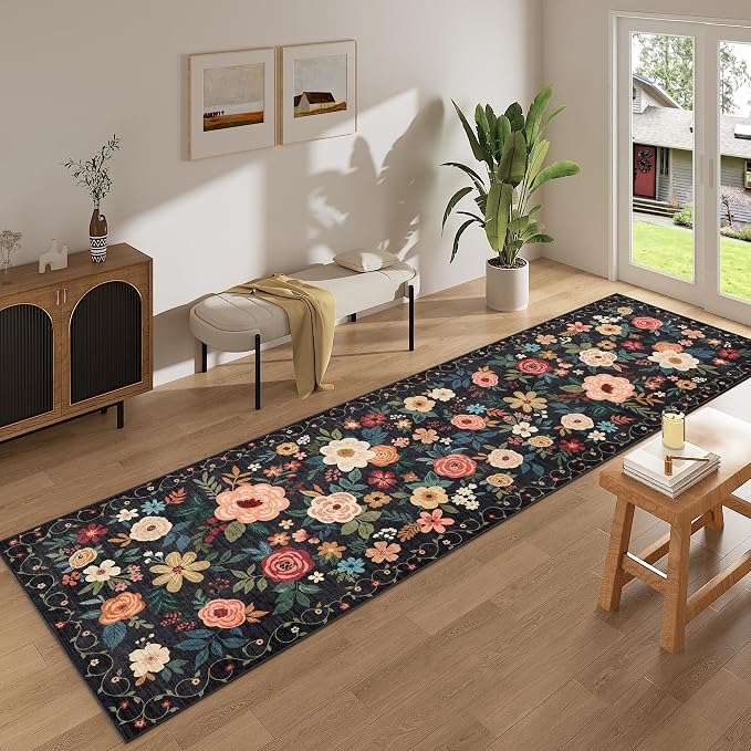 DUKINO 3x10 Runner Rug, Floral Washable Kitchen Runner Rug Non Slip, Black | Soft, Low Pile, Stain Resistant Indoor Rug Runner for Hallway, Entryway, Bedroom, Bathroom, Modern Home Decor, Pet Friendly