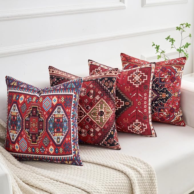 Set of 4 Boho Throw Pillow Covers 18x18 Inch Red Kilim Tribal Decorative Pillow Cases for Couch Bed Living Room Spring Summer Decor