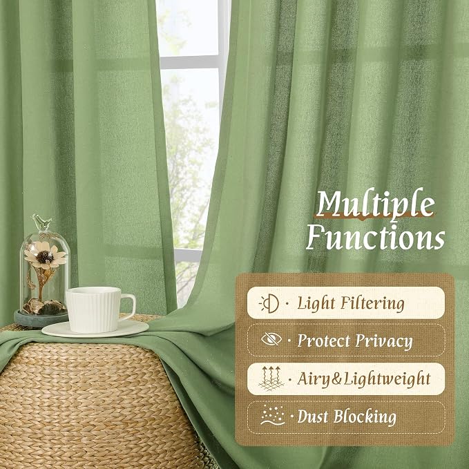 72 inch Length Green Semi Sheer Linen Curtains for Living Room | Light Filtering, Linen Textured, Boho, Spring Room Decor, Drapes for Farmhouse, Bedroom, Rod Pocket, 2 Panels, 52 x 72 Inch