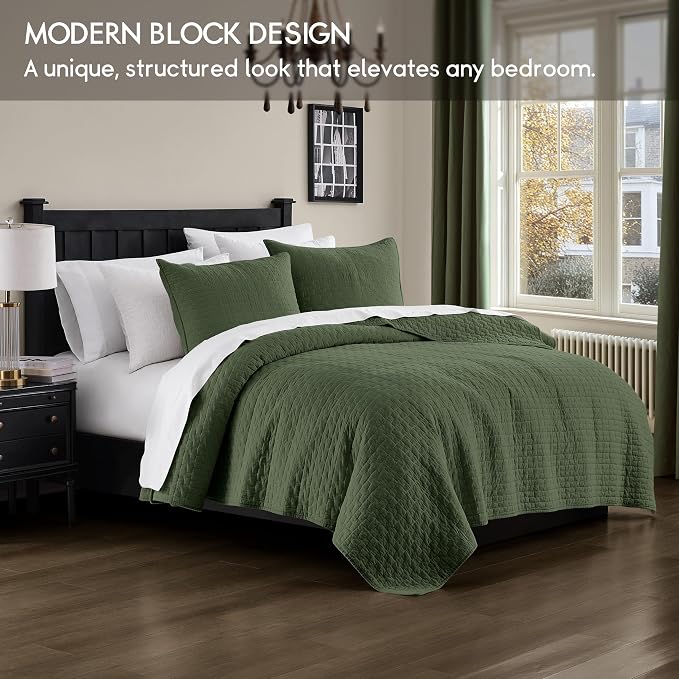 palassio Olive Green 100% Cotton Quilt King Size Bedding Sets with 2 Pillow Shams, Textured Lightweight Soft Bedspread Shabby Chic Coverlet, Quilted Comforter Bed Cover for All Season, 3 Pieces
