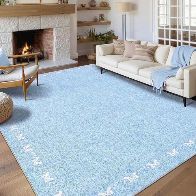 COZYLOOM 4x6 Bow Printed Washable Rug for Entryway Indoor, Modern Bordered Living Room Rug with Non Slip Backing, Stain Resistant Non Shedding Solid Color Area Rugs for Bedroom, Dining Room, Blue