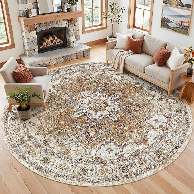 Madane Washable 9ft Circle Round Rug, 9x9 Circular Area Rugs, Turmeric/Grey | Non-Slip Vintage Floor Carpet for Living Room Dining Room, Low Pile Home Decor Mat For Bedroom Office Under Table