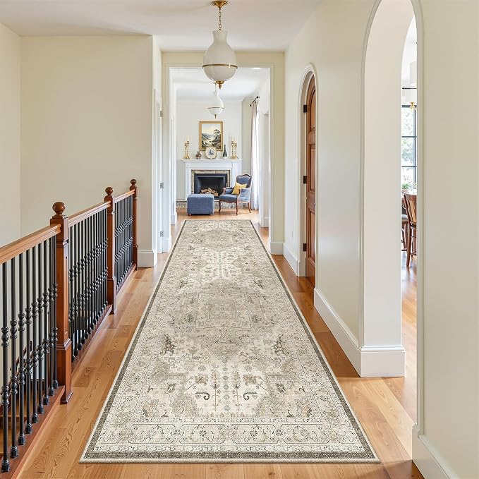 Madane Hallway Runner Rug 3x10 Washable Kitchen Runners 10ft, Ivory/Brown | Vintage Non-Slip Entryway Area Rugs Indoor, Soft Low-Pile Farmhouse Wide Floor Carpet for Bathroom Living Room Bedroom Foyer
