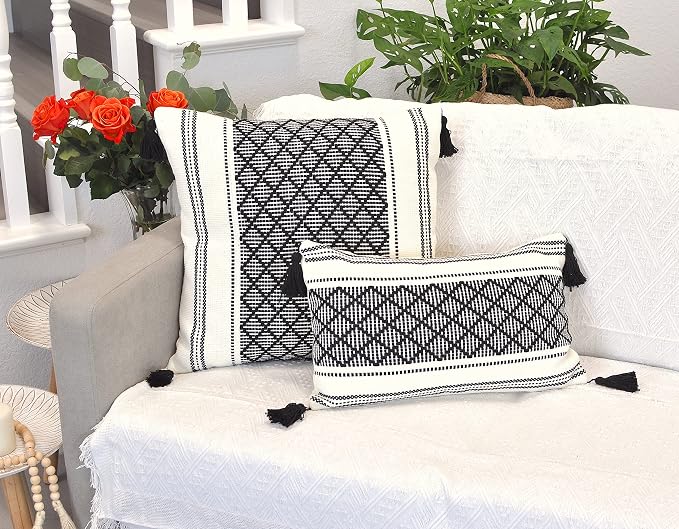 Boho Decorative Lumbar Pillow Covers with Tassels Black and White 12x20 inch -Set of 2 / Small Rectangle Cushion Covers for Couch Sofa/Farmhouse Woven Pillow Cases/Accent Cushion Covers