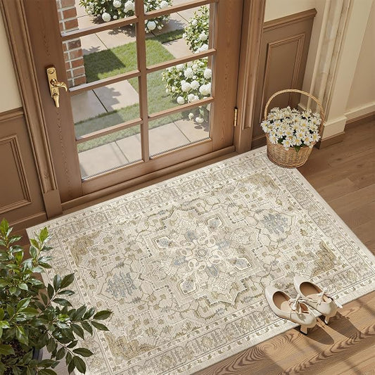 Madane Washable Entry Rug 3x4 Area Rugs for Entryway Kitchen, Beige/Blue | Vintage Printed Door Mat Indoor Entrance, Low-Pile Floor Carpet Runner for Inside Front Bedroom Kitchen Entry Laundry, Stair