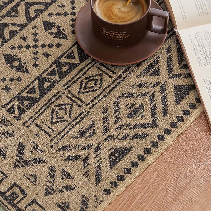 jinchan 3x10 Faux Jute Runner Rug Washable Boho Hallway Rug, Charcoal | Southwestern Geometric, Non-Slip Low Pile, Indoor Outdoor, High-Traffic, Kitchen, Bathroom, Laundry, Porch, Balcony, Entryway