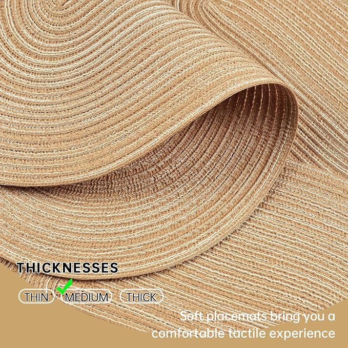 Placemats Set of 6, Woven Oval Braided Dining Table Mats(Beige Brown) | 12 x 17.5 Inch Size Fits Plates and Flatware; Hand Washable and Heat Resistant for Kitchen Use, with Farmhouse and Boho Style