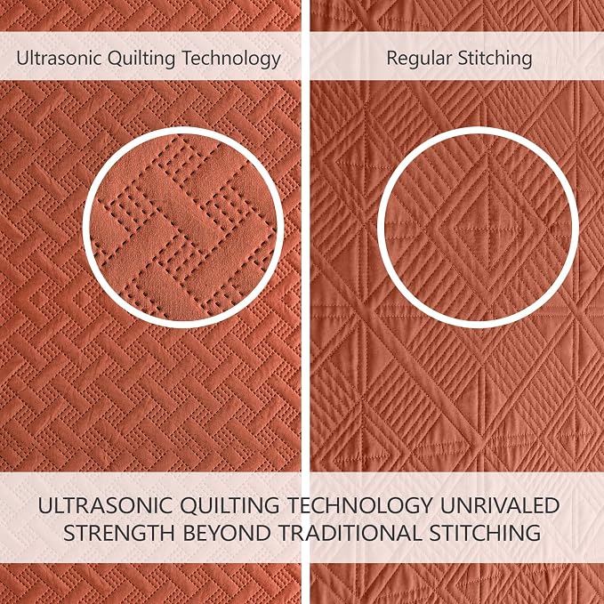 FLYMME King Size Quilt Bedding Set Burnt Orange Lightweight Bedspreads Set,Modern Style Geometric Weave Stripe Pattern,Soft Microfiber Bed Coverlet 3 Pieces (1 Quilt, 2 Shams)