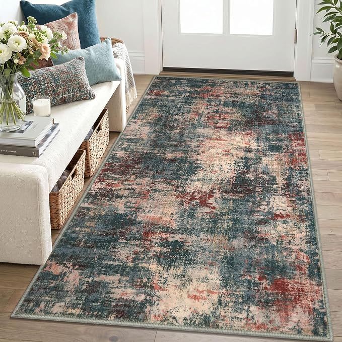 Lansny Abstract Washable Entryway Rug 3x5 Area Rug Non Slip Kitchen Rugs | Red/Multi;Thin Printed Faux Wool Door Mat;Small Rugs;Front Door Rug;Indoor Entry Rug;Rubber Backed Floor Carpet;Throw Rugs