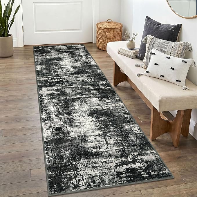 Lansny Abstract Washable 2x6 Hallway Runner Rug Non Slip Kitchen Runner | Charcoal Black;Thin Printed Faux Wool Rug Runners;Entryway Runner Indoor;Rubber Backed 6ft Carpet Runners for Hall Bedroom