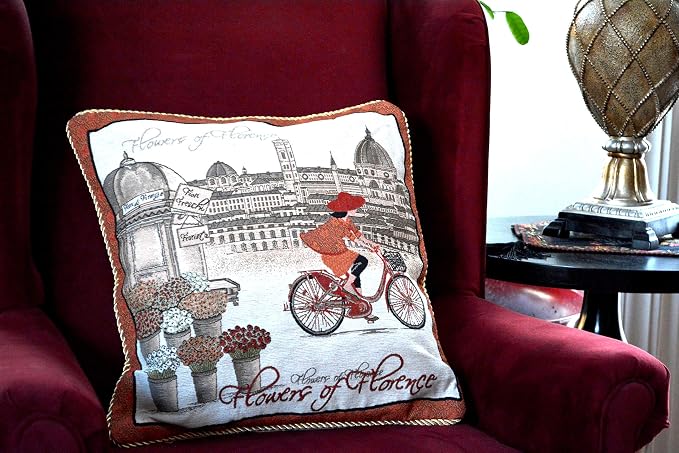 Tache Decorative Throw Pillow Cover 1 Piece Square Vintage French Girl Day Out in Florence Burgundy Orange Tapestry Pillow Cover 18 x 18