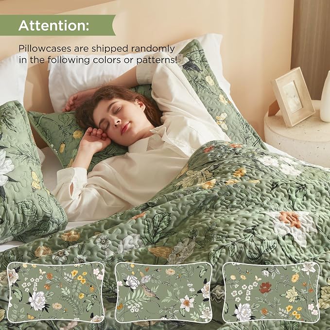 Litanika Floral Green Quilt King - 3Pcs Botanical Birds Bedding Set | Sage Bedspread Summer Lightweight Soft Coverlet for All Seasons(106"x96")