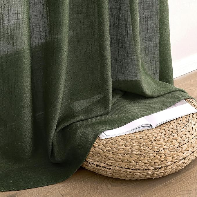 MIULEE Olive Green Linen Curtains 37x90 Inch Length 2 Panels | Bedroom Living Room, Thick Linen Textured Window Drapes, Semi Sheer Light Filtering, Back Tab Rod Pocket, Burlap Decor