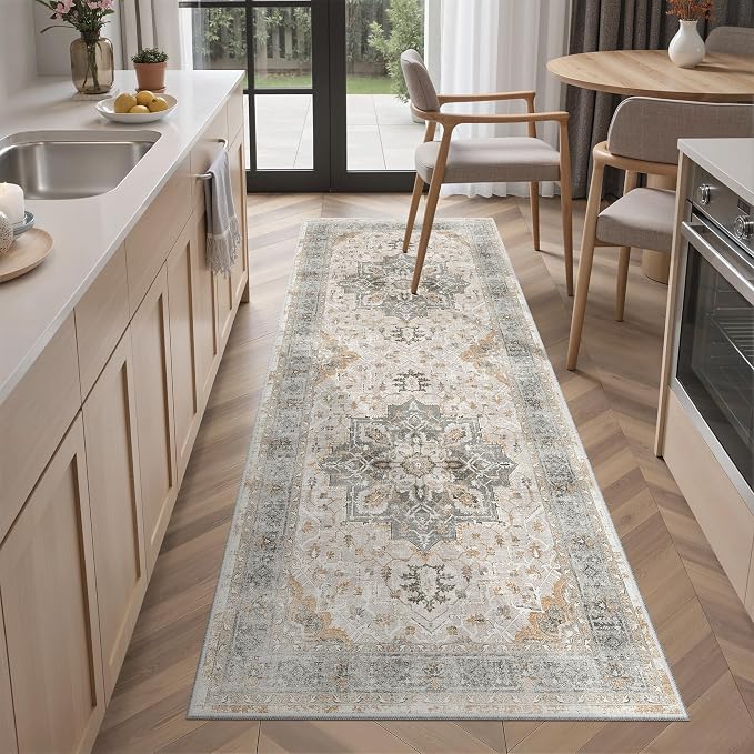 Madane Hallway Runner Rug 2x5 Washable Entry Rugs Soft, Light Taupe Brown | Vintage Printed Low-Pile Kitchen Runners, Non-Slip Low-Pile Stain-Resistant Throw Carpet for Bedroom Entrance Laundry Room