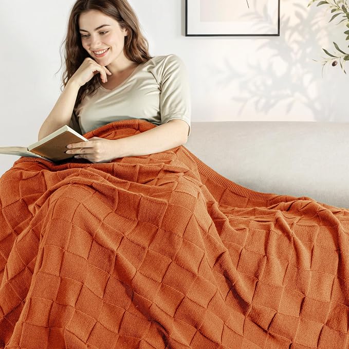 Whale Flotilla Checkered Knit Throw Blanket for Couch, Burnt Orange | Soft Decorative Knitted Blankets for Couch Sofa Bed, Lightweight Cozy Throws for Spring Summer, 60x80 Inch