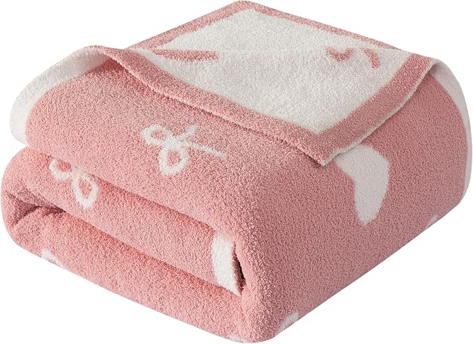 Elegant Comfort Premium Valentine's Day Throw Blanket - Ultra Soft and Lightweight, Luxury Knitted Breathable Love Pink Hearts Warm and Cozy Valentine Decor Blankets, 50 x 70 Inch, Hearts and Bows