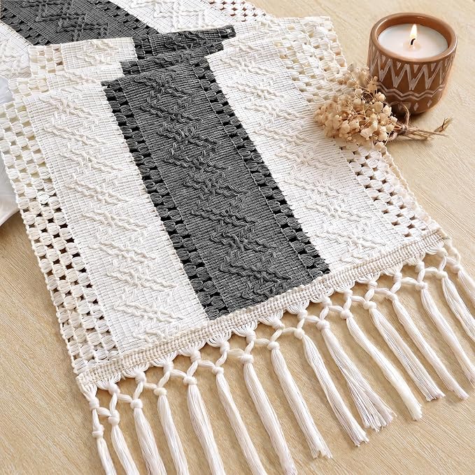 FEXIA Boho Table Runner with Tassels for Home Decor 12x72 Inches Grey | 72 Inches Long Modern Farmhouse Rustic Burlap Table Decoration for Bedroom Living Dining Room Baby Shower Autumn Decor