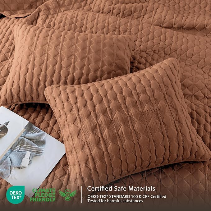 WDCOZY Burnt Orange Quilt King Size Bedding Sets with 2 Pillow Shams, Red Lightweight Soft Bedspread Coverlet, Quilted Blanket Thin Comforter Bed Cover for All Season, 3 Pieces, 104x90 inches