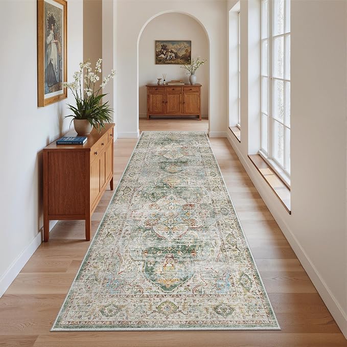 Madane Kitchen Runner 2'6''x8' Soft Rug Runners for Hallways, Green | Vintage Machine Washable Printed Rugs 2.5x8 Ft, Non-Slip Low Pile Stain-Resistant 8ft Floor Carpet for Laundry Room, Corridor