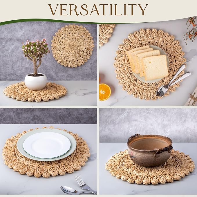 13.8" Corn Husk Woven Round Placemats Set of 10 - Wicker Boho Farmhouse Placemats - Rattan Table Mats Like Water Hyacinth for Dining Table, Wedding, Home
