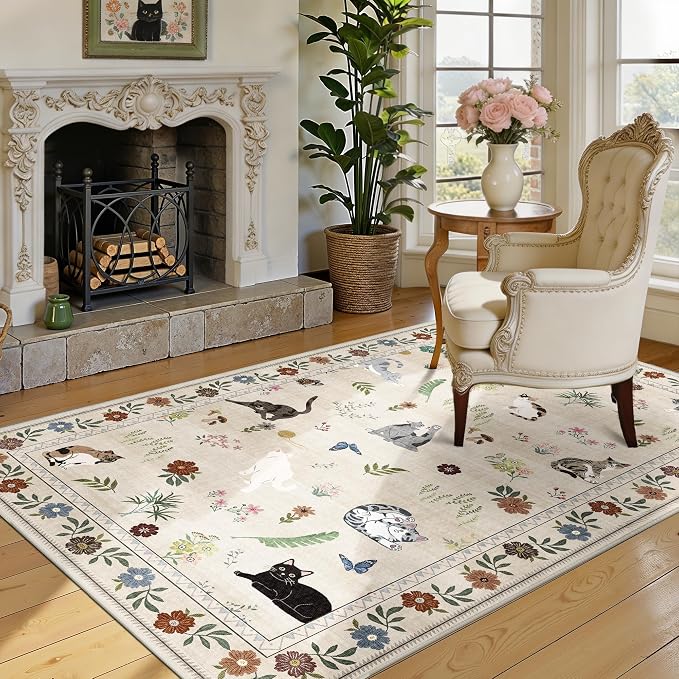AIMPEAK Area Rugs 3x5 Small Thin Entryway Rug - Vintage Boho Cat Animal Washable Non-Slip Living Room Carpet Soft Low Pile Bedroom Floor Mat Indoor for Dining Room Playroom Farmhouse, Beige Multi