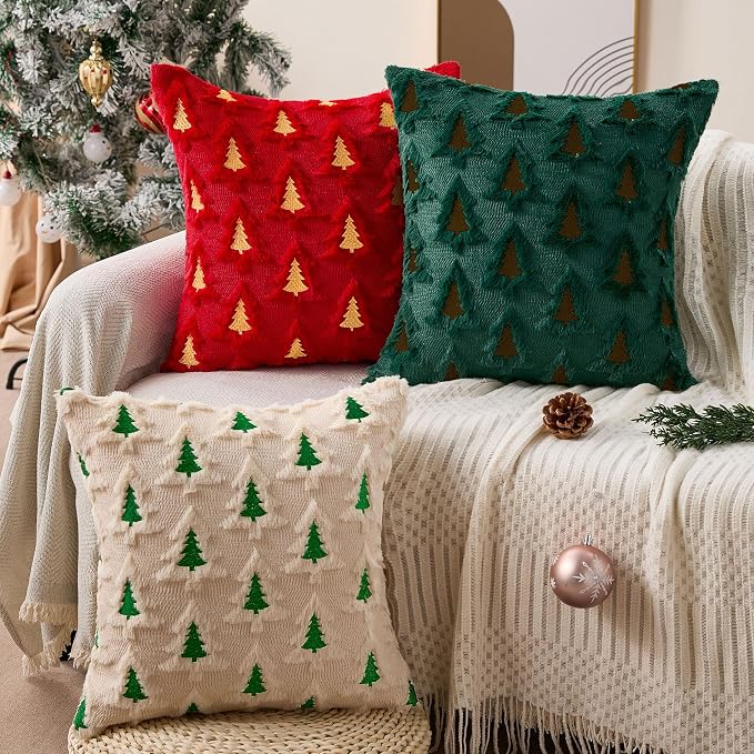 Allorry Christmas Pillow Covers 20x20 Set of 2 Green Brown Double Xmas Tree Pillow Covers Soft Plush Faux Fur Christmas Decorations for Xmas Winter Holiday Home Bedroom Sofa Cushion Cases PT-008G20
