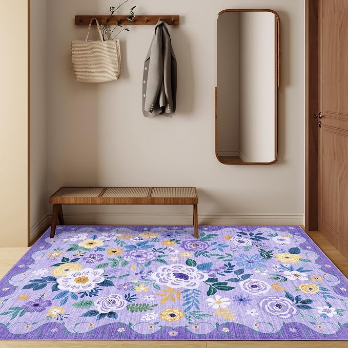 DUKINO 3x5 Area Rug, Floral Washable Rug for Bedroom Non Slip, Purple | Soft, Stain Resistant Low Pile Indoor Rug for Entryway, Bedroom, Bathroom, Living Room, Pet Friendly, Home Decor, Lightweight