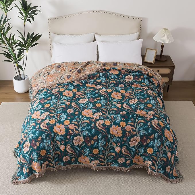 Phuryllic Boho Throw Blanket Twin Size, Soft Cozy Cotton Muslin Quilt Blanket for Bed Decor, Floral Patterned Couch Sofa Chair Cover, Vintage Farmhouse Cottage Tapestry Woven Blanket, Teal&Taupe