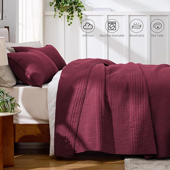 Love's cabin King Size Cotton Quilt Set, 100% Cotton Fabric Striped Textured Coverlet with Crinkled Look, Lightweight Quilted Bedspread for All Season, Includes 2 Pillow Shams, Burgundy