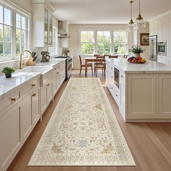 Madane Hallway Runner Rug 2'6''x10' Kitchen Runners Vintage, Beige/Blue | Non-Slip Washable Wide Rugs 2.5x10 Ft for Entryway Laundry and Bedroom, Soft Low Pile Stain-Resistant 10ft Floor Carpet