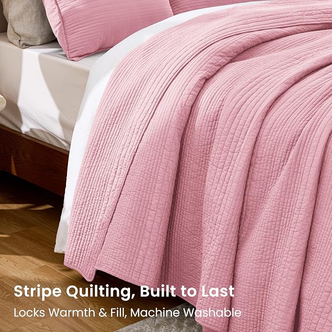 Love's cabin Queen Size Cotton Quilt Set, 100% Cotton Fabric Striped Textured Coverlet with Crinkled Look, Lightweight Quilted Bedspread for All Season, Includes 2 Pillow Shams, Pink