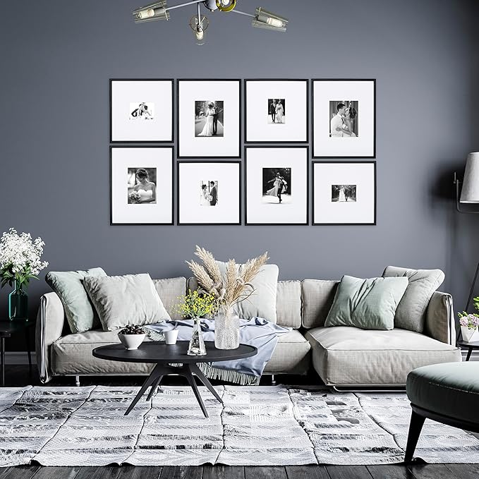 Arcadia Gallery Wall Frame Set, 16x20 and 16x16 Inch Matted Frames, 8x10 and 5x7 Inch Display, Black, 8 Piece