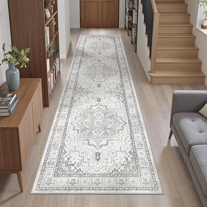 Madane Hallway Runner Rug 2x8 Washable Kitchen Rugs Non-Slip, Grey | Vintage Machine Washable Low-Pile Floor Carpet 8ft, Soft Ultra-Thin Throw Entry Foyer Mat for Entrance Laundry Living Room