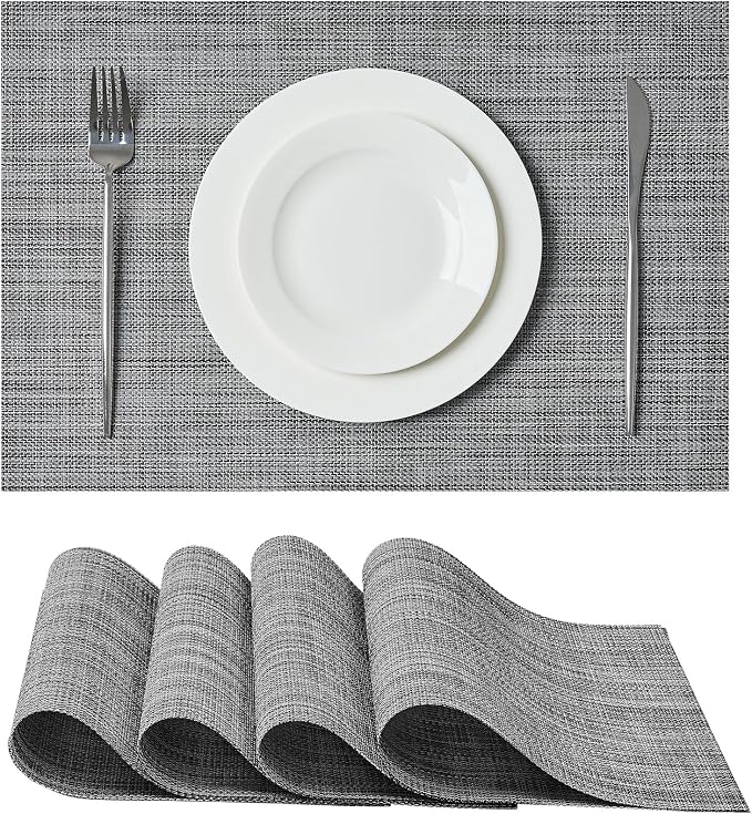 Leetaltree Grey Placemats, Heat Resistant Non-Slip Place mats for Dining Table, Washable Durable PVC Vinyl Woven Table Mats (Set of 4)