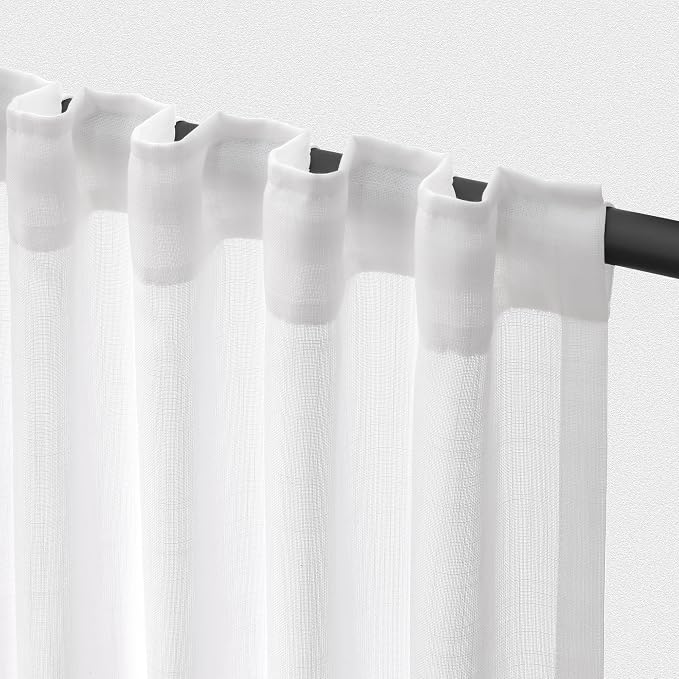 Jowels White Linen Curtains 84 Inch Long 2 Panels for Living Room | Light Filtering Semi Sheer Curtain, Back Tab Pocket Pleated Look, Boho Farmhouse Textured Privacy Drapes for Bedroom Window