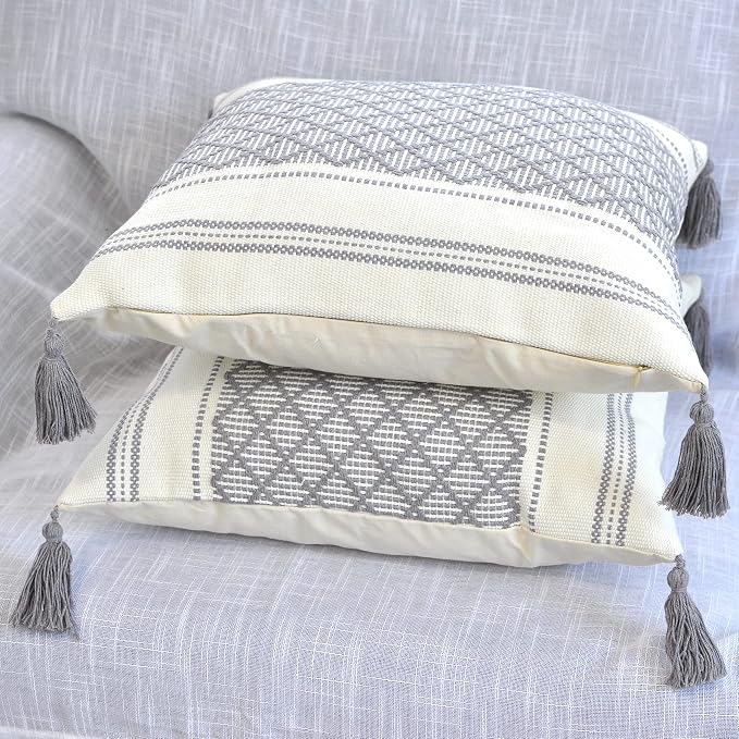 Gray 16x16 Pillow Covers - Set of 2 / Decorative Grey Boho Tassels Indoor Outdoor Cushion Covers Checkrered Geometric Pattern / Farmhouse Designer Woven PillowCases/ Modern Accent Throw PillowCovers