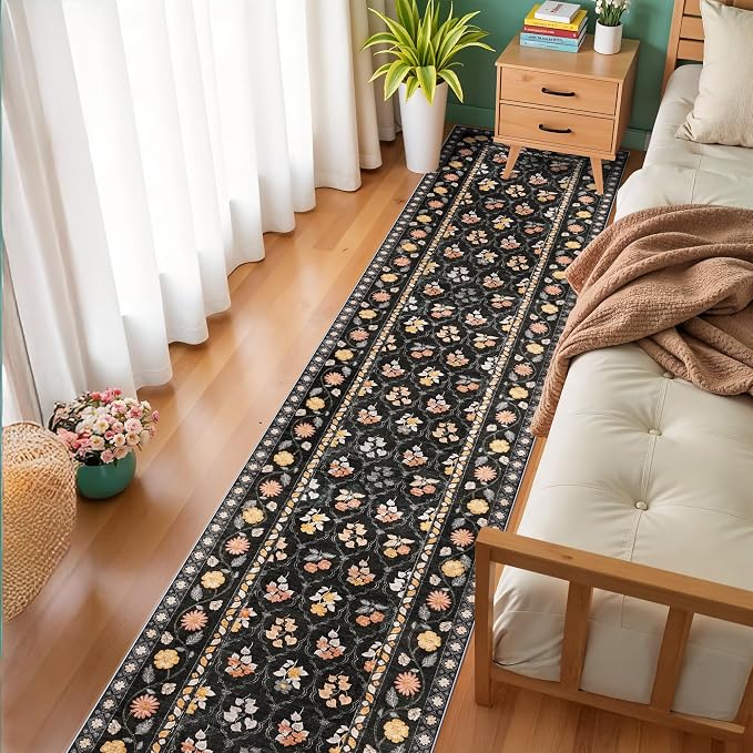 Washable Kitchen 2x10 Runner Rug: Non-Slip Long Hallway Entryway Rugs Indoor Low Pile Carpet for Bedroom Laundry Stain Resistant Vintage Soft Thin Floor Decor Mat for Bathroom (Floral/Black,2x10)