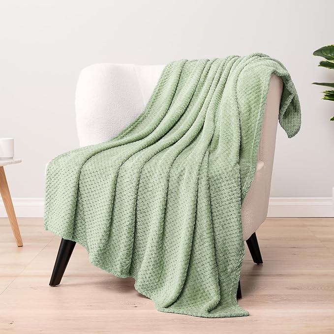 PAVILIA Sage Green Fleece Throw Blanket for Couch Sofa Bed, Soft Fuzzy Waffle Jacquard Microfiber, Warm Lightweight Fade-Resistant Decorative All Season Throw, 60x80 Twin